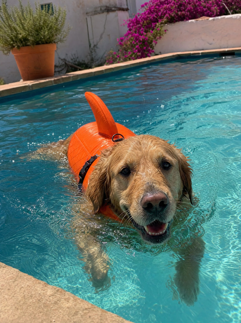 Perro nadando con el Salvavidas Norcan en una piscina