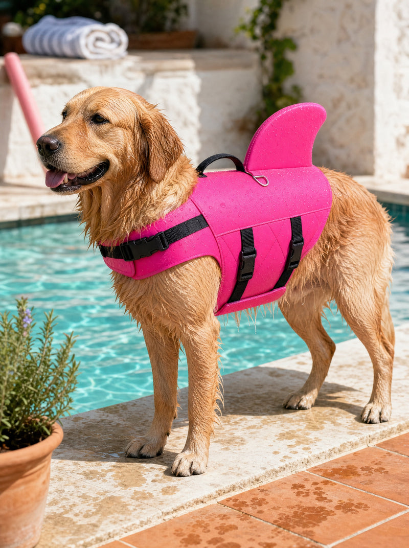 Salvavidas Norcan color rosa puesto sobre un Golden Retriever junto a una piscina