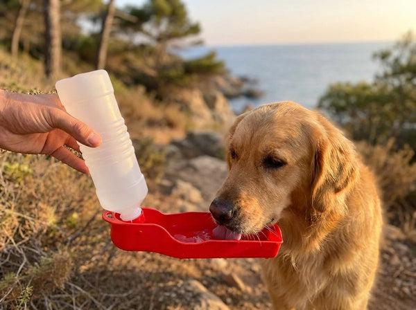 Botella Portátil Norcan roja - Golden Retriever bebiendo en cala mediterránea