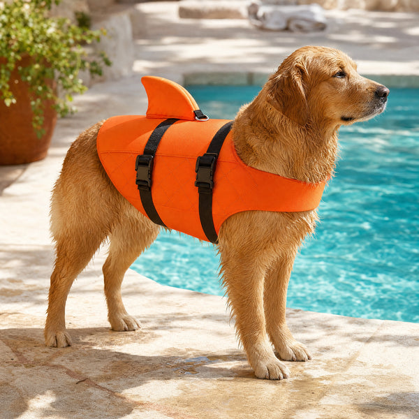 Golden Retriever con el Salvavidas Norcan puesto junto a una piscina