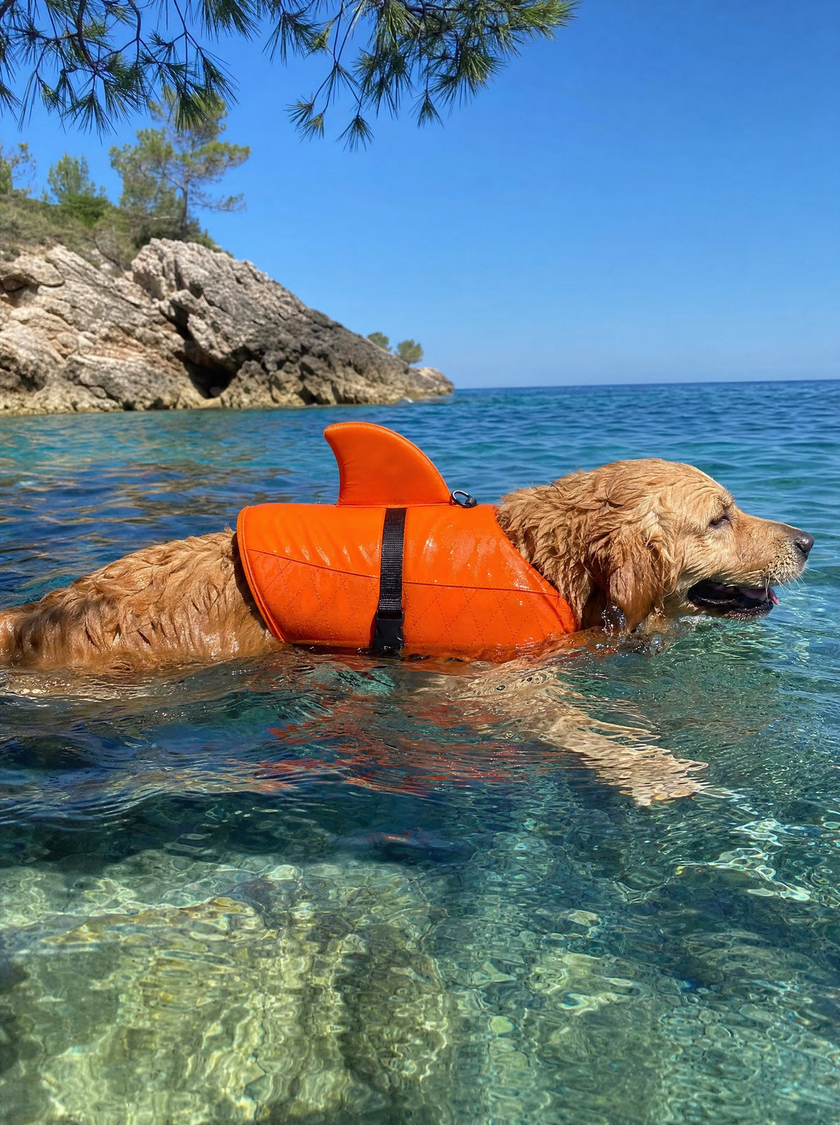 Perro nadando con el Salvavidas Norcan en una cala mediterránea
